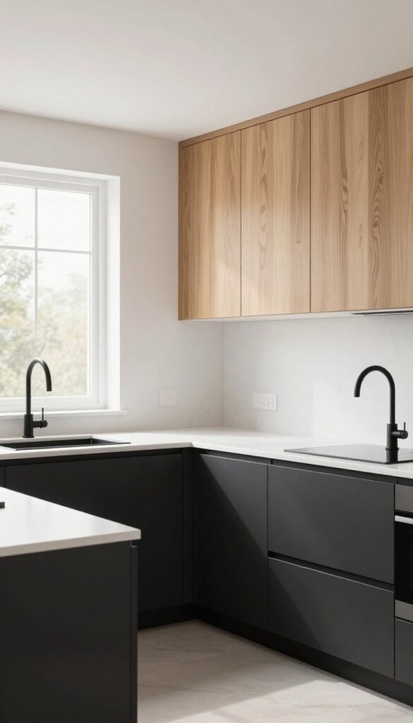 Two-tone kitchen cabinets with black lower cabinets and natural wood upper cabinets, white countertops, bright natural light