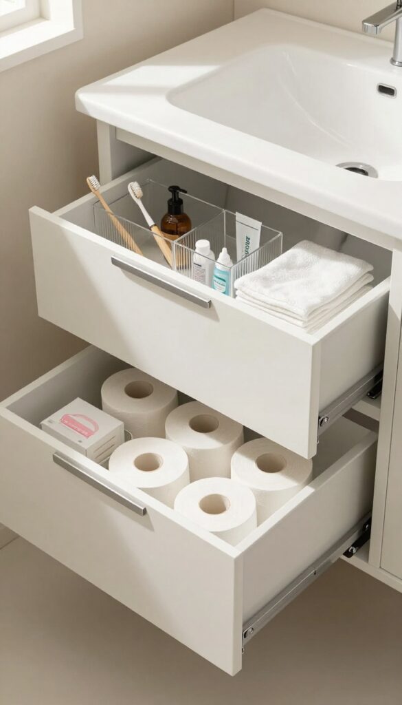 Open under-sink bathroom vanity with two pull-out drawers, one holding toiletries in acrylic dividers and the other holding extra toilet paper rolls, in a bright modern bathroom.