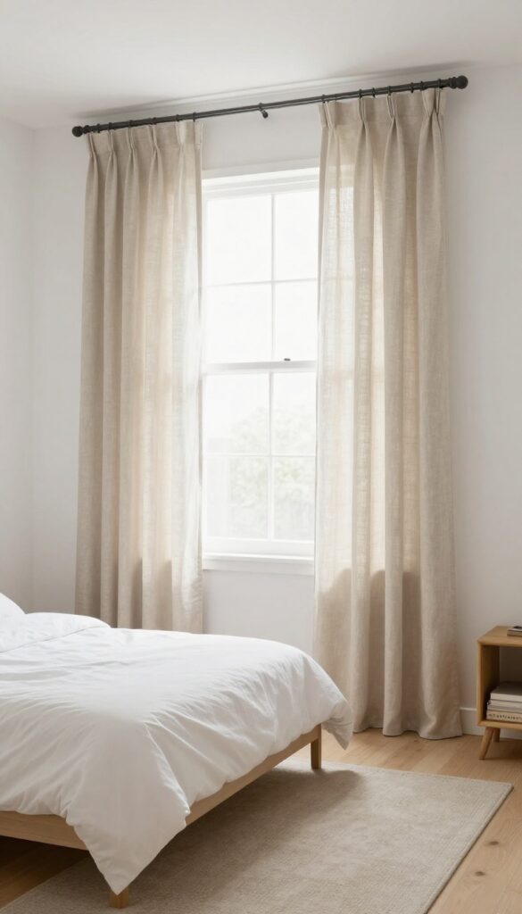 Small bedroom with curtains hung high and wide, creating the illusion of taller walls and a larger window.