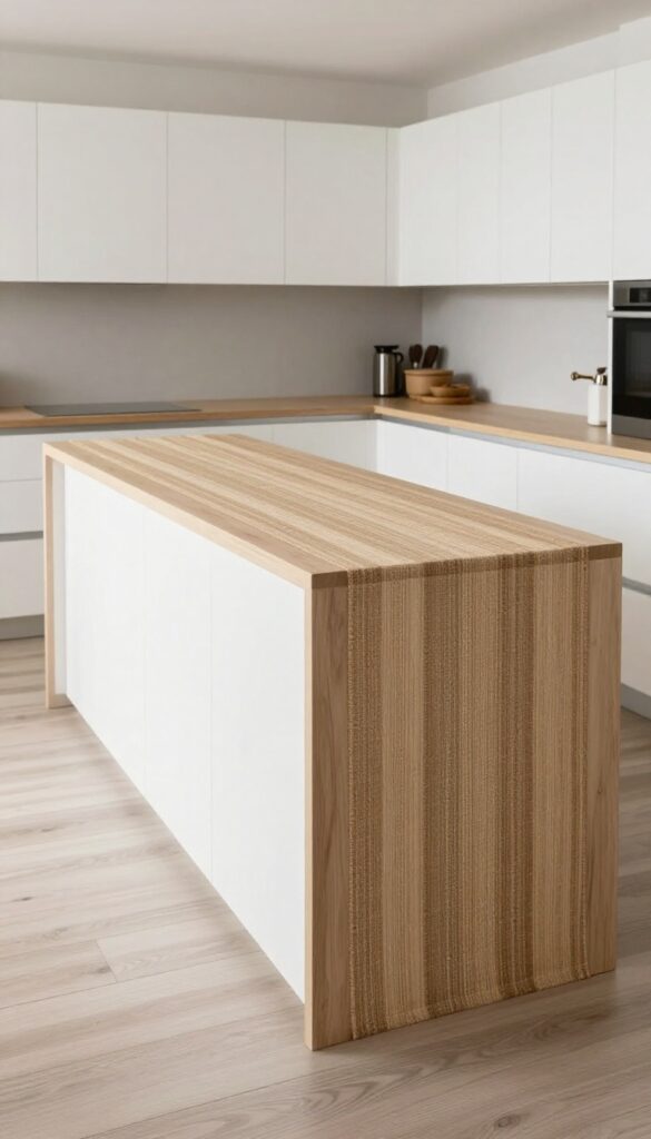 A kitchen island with a natural fiber runner in jute or cotton, adding softness and warmth to the space.