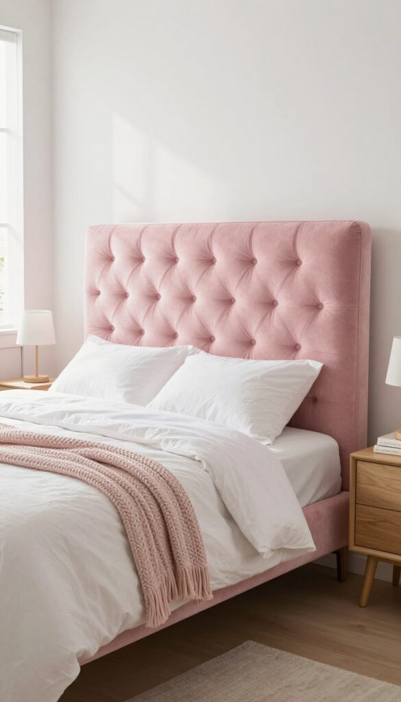 Girl's bedroom with pink velvet upholstered headboard, white bedding, and natural light