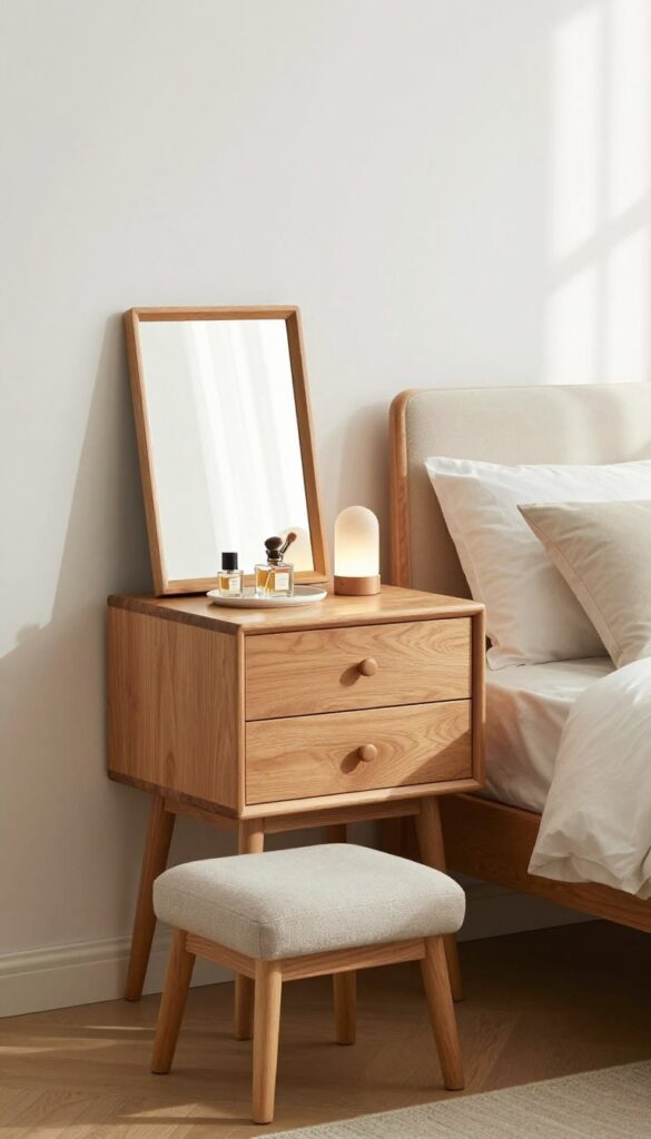 Repurposed nightstand as a vanity in a bedroom corner with mirror, stool, and minimal decor.