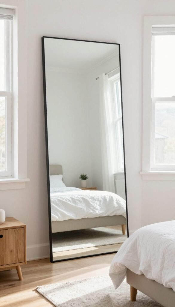 Small bedroom with a large leaning mirror reflecting natural light from a window, creating a brighter and more spacious feel.