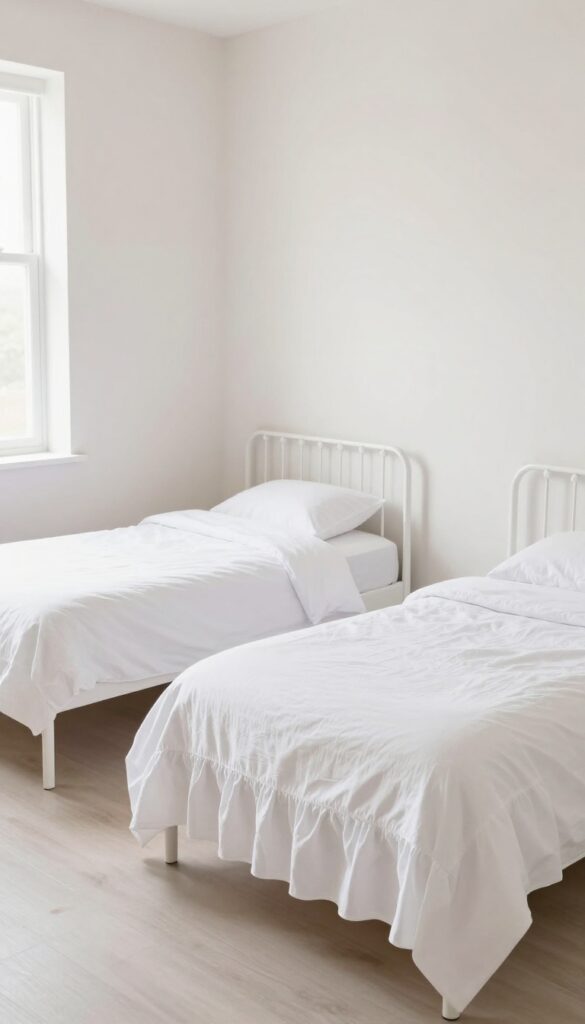 Two identical twin beds with different bedskirts, one ruffled and one pleated, in a bright shared bedroom