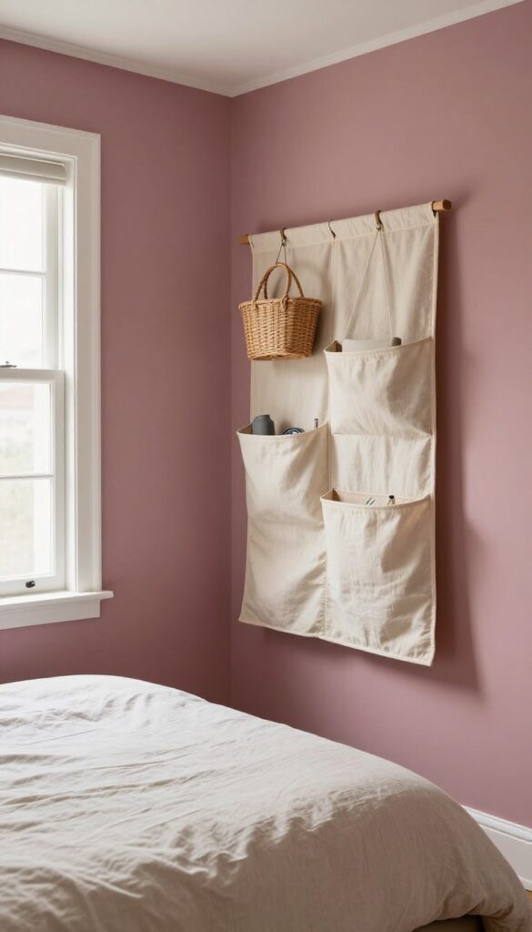 Small bedroom with dusty rose walls and an over-the-door organizer, bright natural light, clean and airy design.