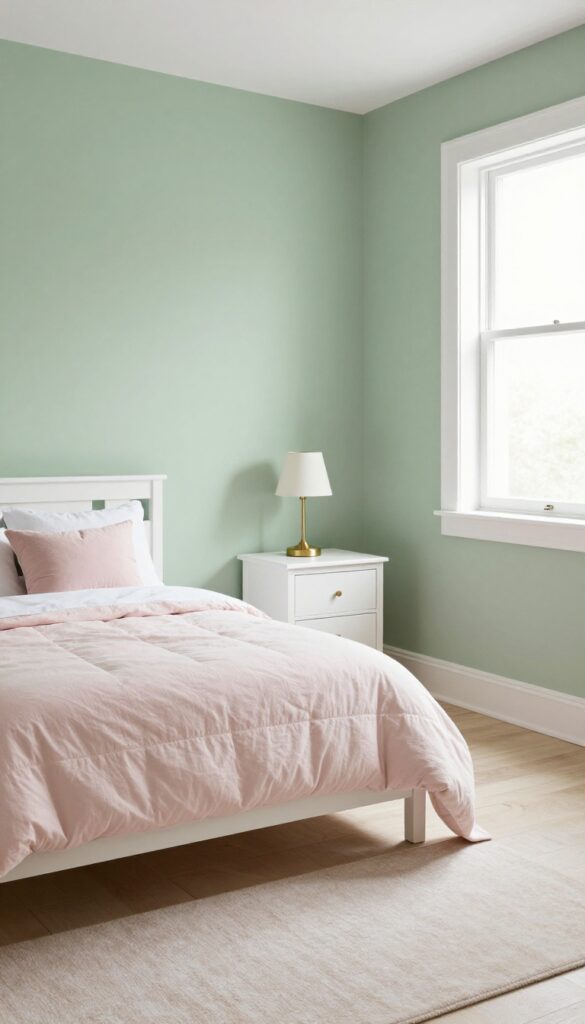Girls bedroom with sage green walls, blush pink bedding, and brass accents, bright natural light, serene and stylish interior design.
