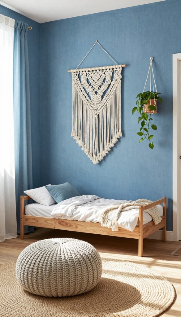 Girls bedroom with soft denim blue walls, macramé wall hanging, plant hanger, jute rug, and cozy floor seating.