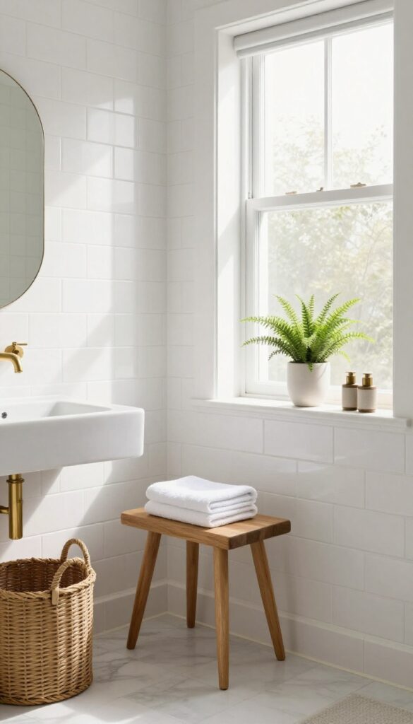 Small guest bathroom with a slim wooden stool holding a towel and a fern, warm and inviting
