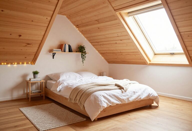 Cozy attic bedroom with sloped ceiling, low bed, string lights, and warm decor