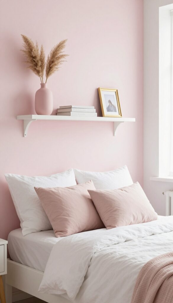 Floating shelves above bed with pale pink vase, white books, and gold frame in soft chic bedroom
