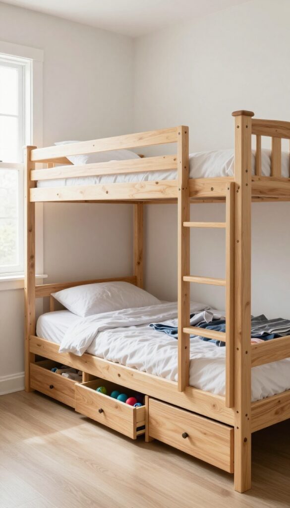 Bunk bed with built-in drawers in a shared boys bedroom