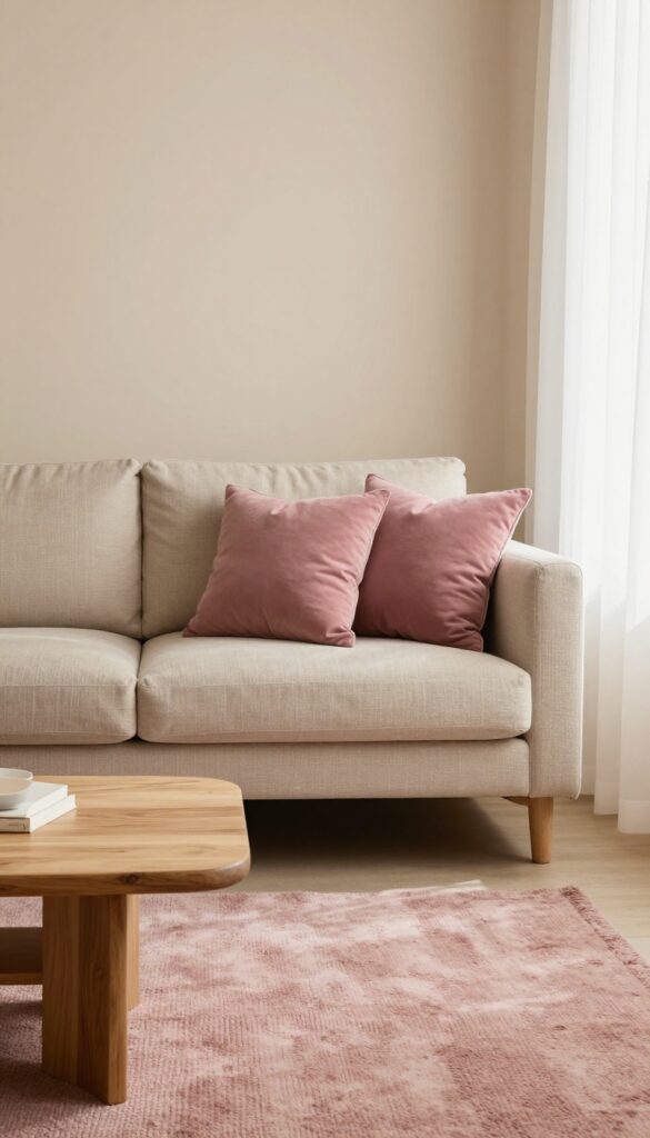 Small living room with dusty rose and beige color scheme, featuring beige sofa, dusty rose pillows and rug, natural wood coffee table, and warm beige walls.