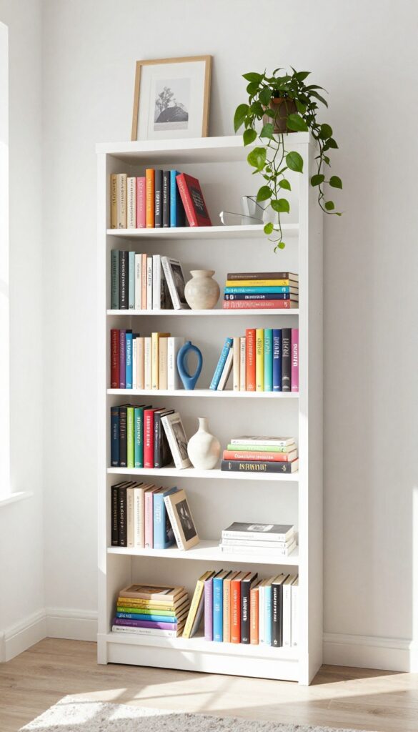 A tall bookcase styled as a focal point in a bright living room with books grouped by color and decorative objects on alternating shelves.