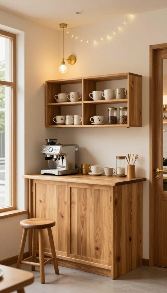 Cozy coffee nook under stairs with open shelving, espresso machine, and warm lighting