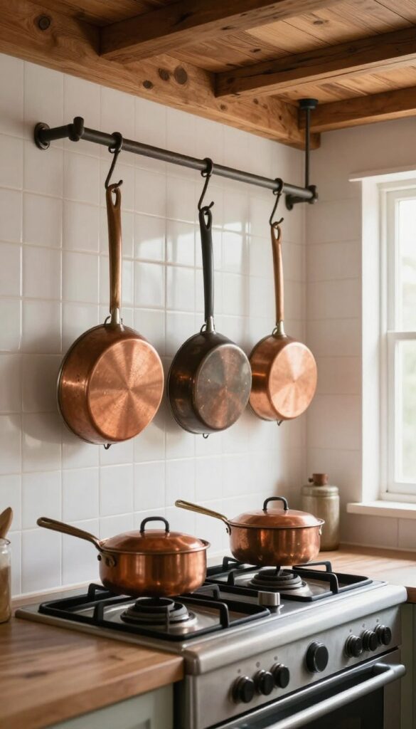 Hanging pot rack over stove in small Indian kitchen with copper cookware and natural light
