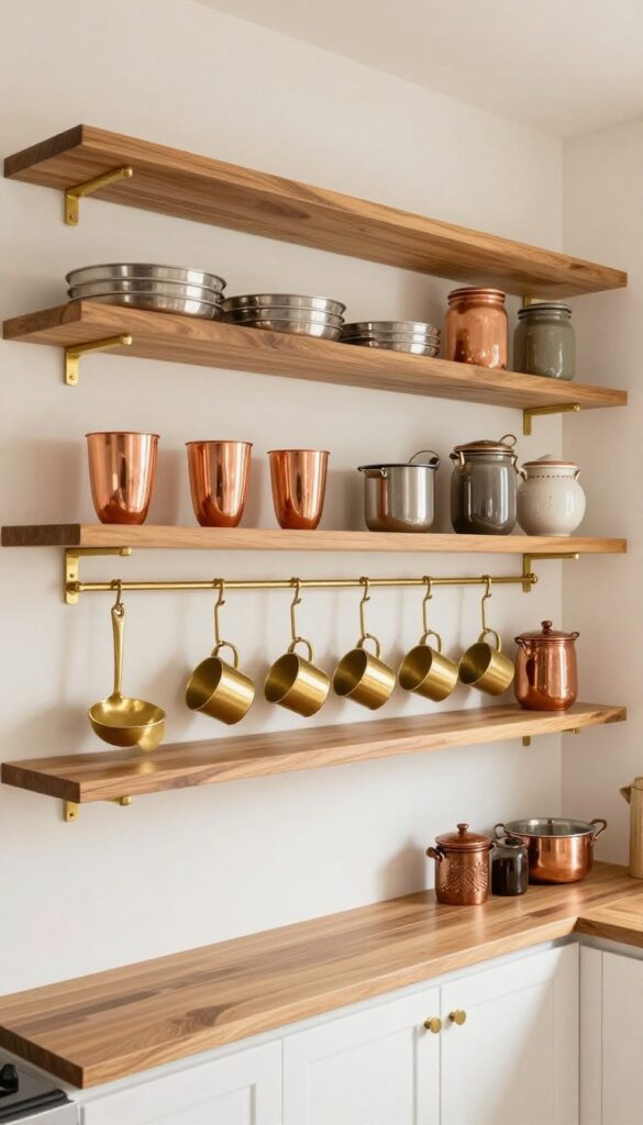 Open shelving with brass accents in a small Indian kitchen, featuring wooden shelves, brass hooks, and traditional cookware displayed neatly.
