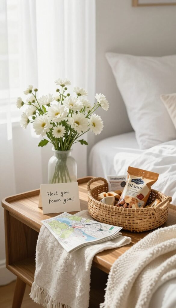 Cozy guest bedroom with personal welcome touches on nightstand including flowers, card, and basket of local treats.