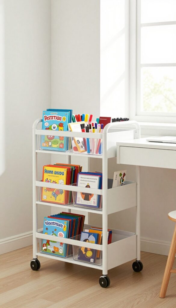 Three-tier rolling cart with art supplies and games in a bright shared boys' bedroom