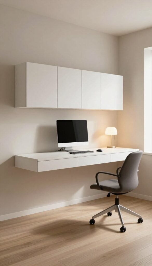 Floating desk with cable management in a boy's gamer bedroom, clean and clutter-free setup with natural light.