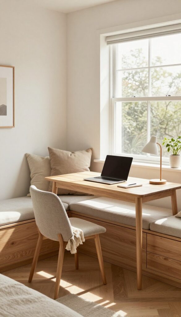 Built-in window seat with desk extension in a bright home office guest room