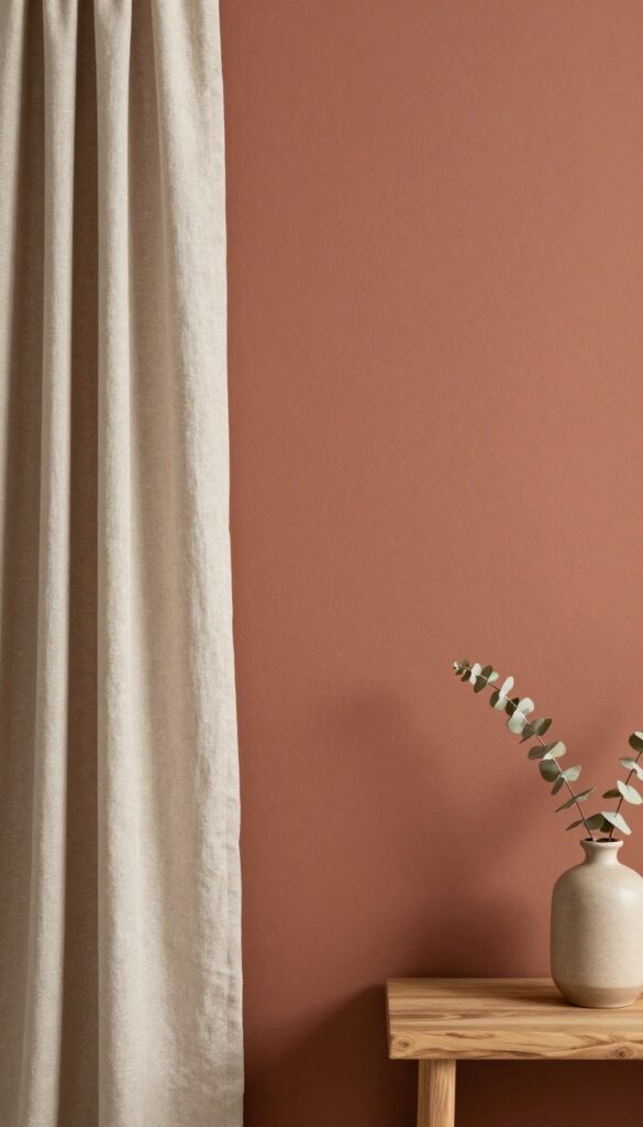 Limewash wall texture in warm terracotta with natural light and linen curtain