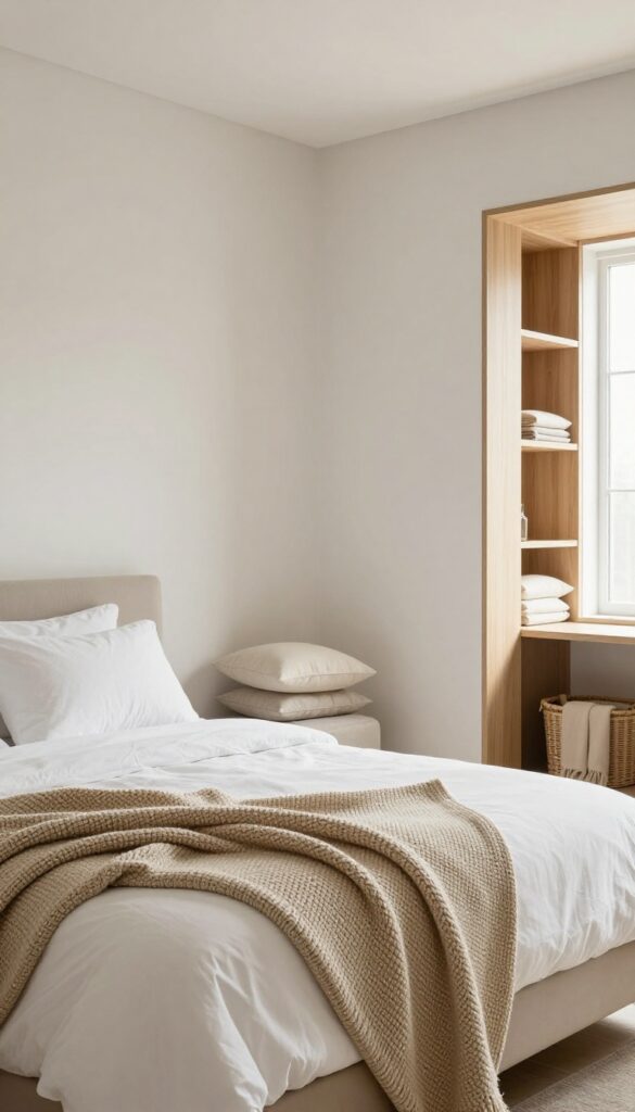 Guest room with a cozy throw blanket and extra pillows on a chair, bright natural light, inviting and clean.