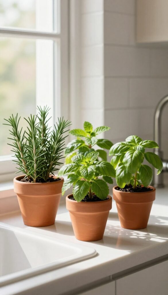 Kitchen windowsill herb garden with terracotta pots, natural light, and fresh herbs above a sink.