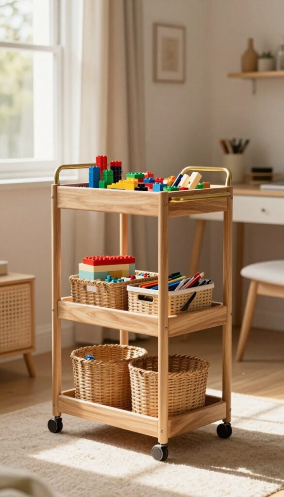 A three-tier rolling cart with wood and brass finish, holding art supplies and Legos, in a bright boy's bedroom with a rug