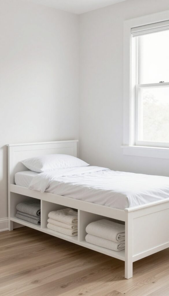 A low-profile storage bench with cushioned top at the foot of a white daybed in a bright nursery-guest room, with euro shams and throw on top, and storage inside.