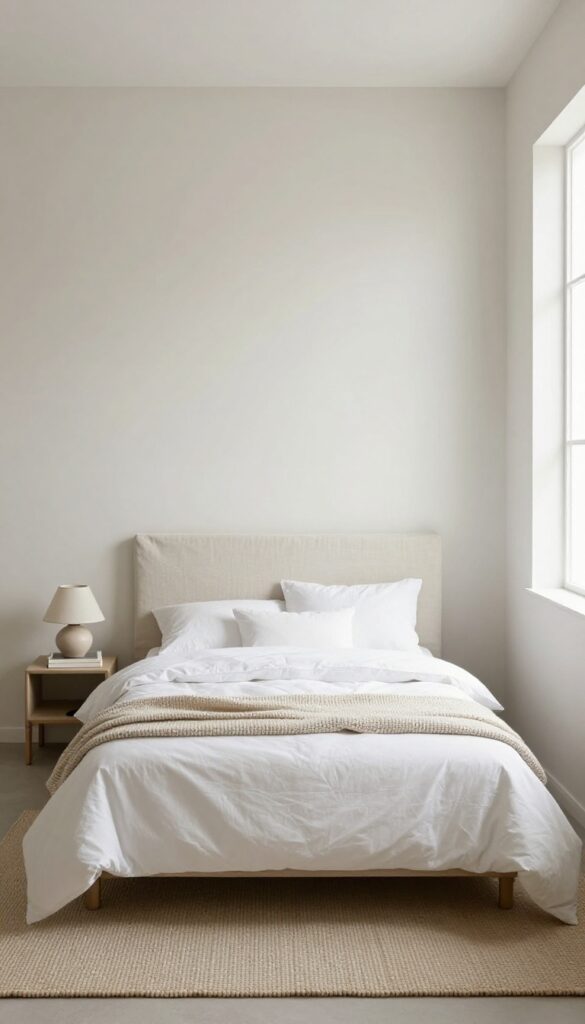 Small bedroom with bed centered on wall, minimal nightstands, rug under bed, neutral tones, natural light