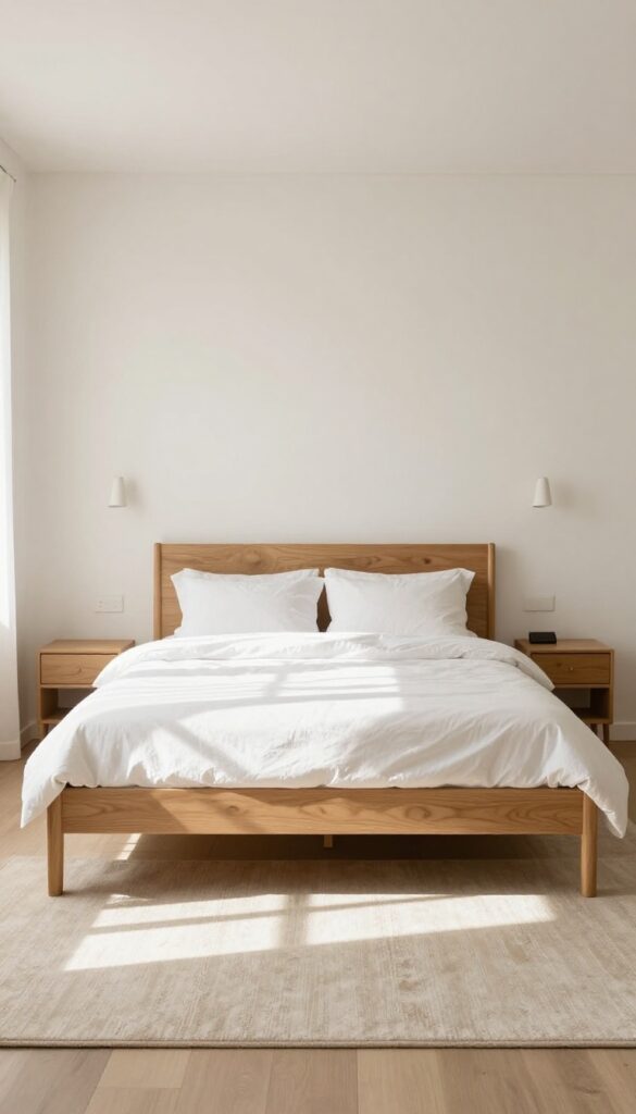 Bedroom with bed floated away from wall, creating balanced layout with nightstands on both sides and rug underneath.