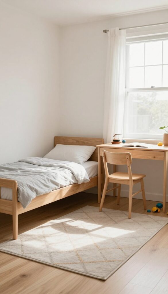 Boy's bedroom with low-pile rug featuring subtle geometric pattern under bed and desk