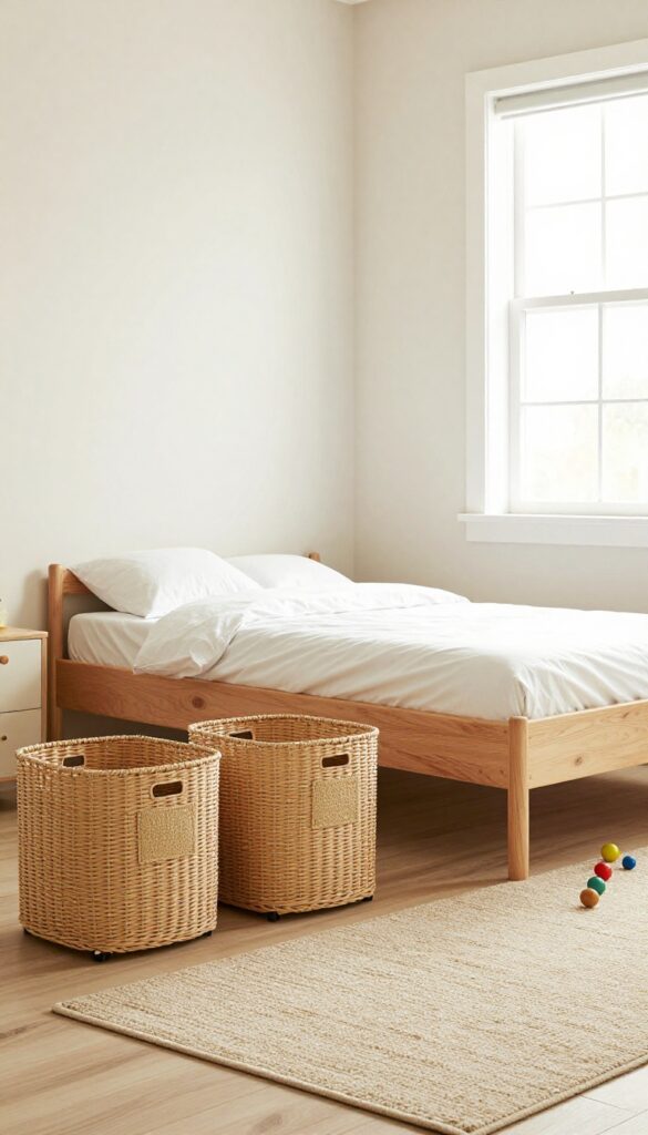 Under-bed storage bins on casters in a kids' bedroom