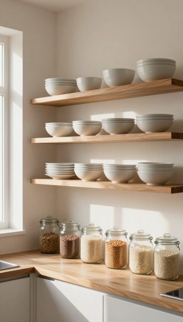 Open shelving in a bright Indian kitchen with neatly arranged white crockery and glass jars