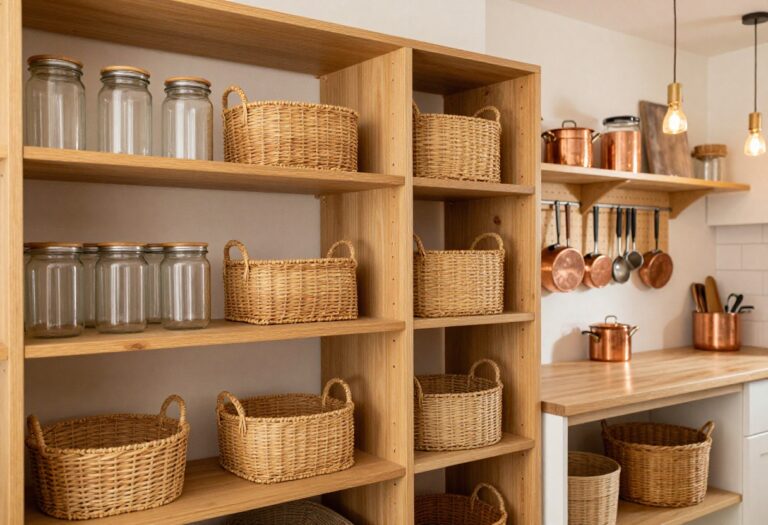 Cozy kitchen store room with open shelving, woven baskets, glass canisters, and warm pendant lighting.