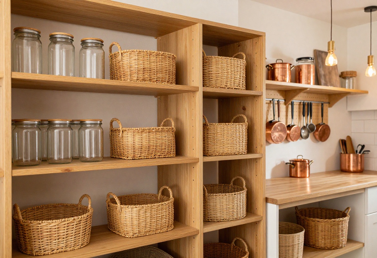 Cozy kitchen store room with open shelving, woven baskets, glass canisters, and warm pendant lighting.
