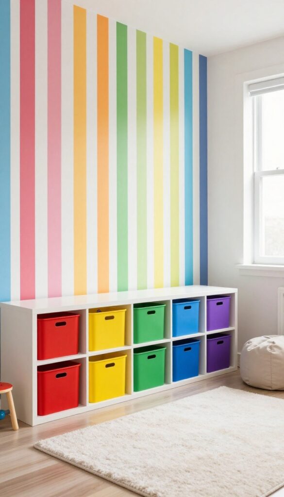 A kids' bedroom with rainbow stripe wallpaper and color-coded storage bins on open shelves, creating a playful and organized space.