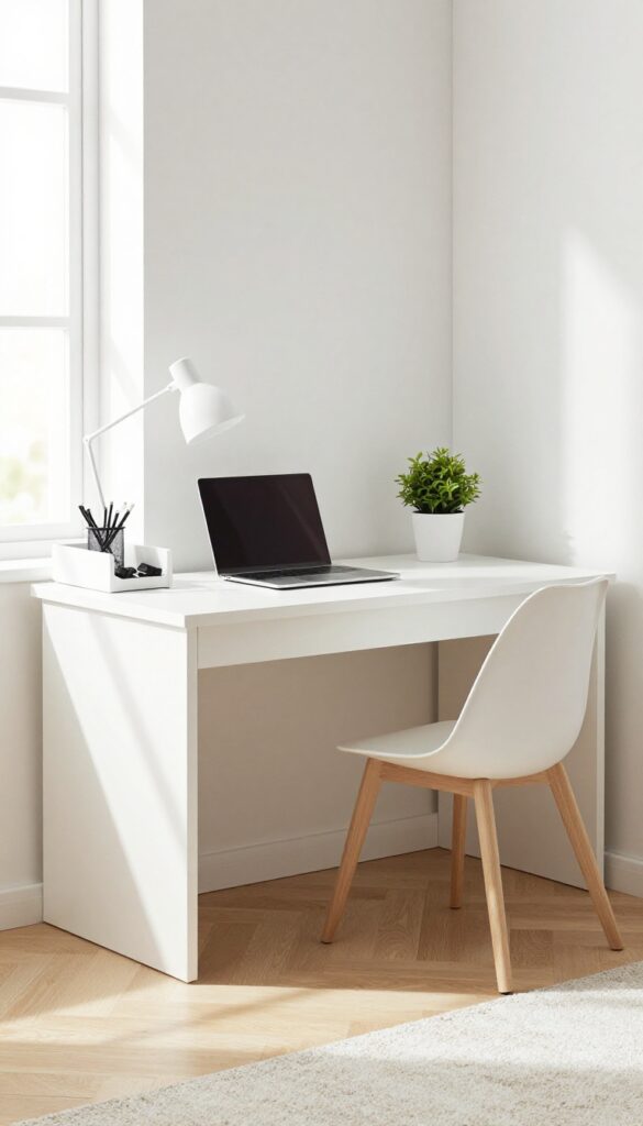 Minimalist desk with cable management in a modern boys bedroom