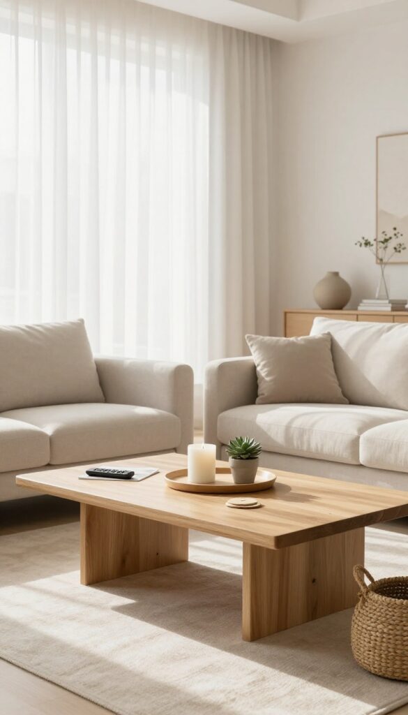 Minimalist living room with a clutter-free coffee table featuring a tray with a candle, succulent, and coasters, and a basket for remotes and magazines.