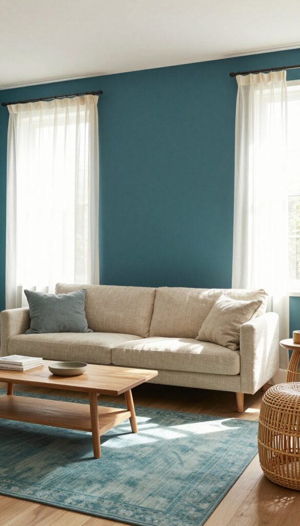 Small living room with deep teal accent wall, natural linen sofa, light curtains, and warm wood accents.