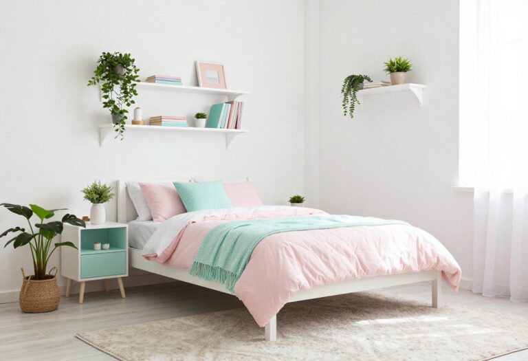 Bright girl's bedroom with pink and mint decor, floating shelves, and cozy rug