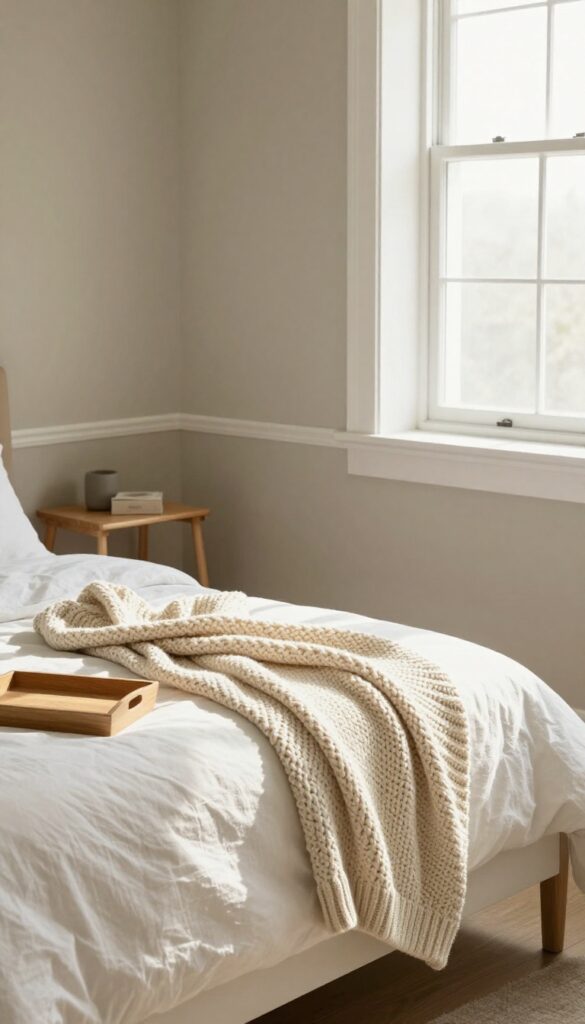 Cozy bedroom with warm greige walls, white bedding, and natural light streaming through linen curtains.