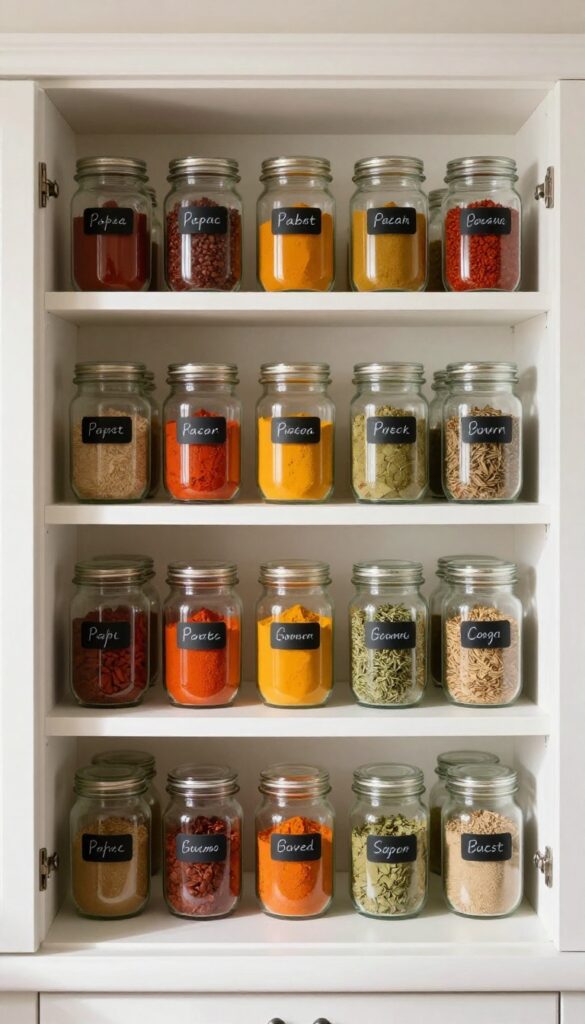 Organized kitchen cupboard with labeled glass jars of spices on open shelving