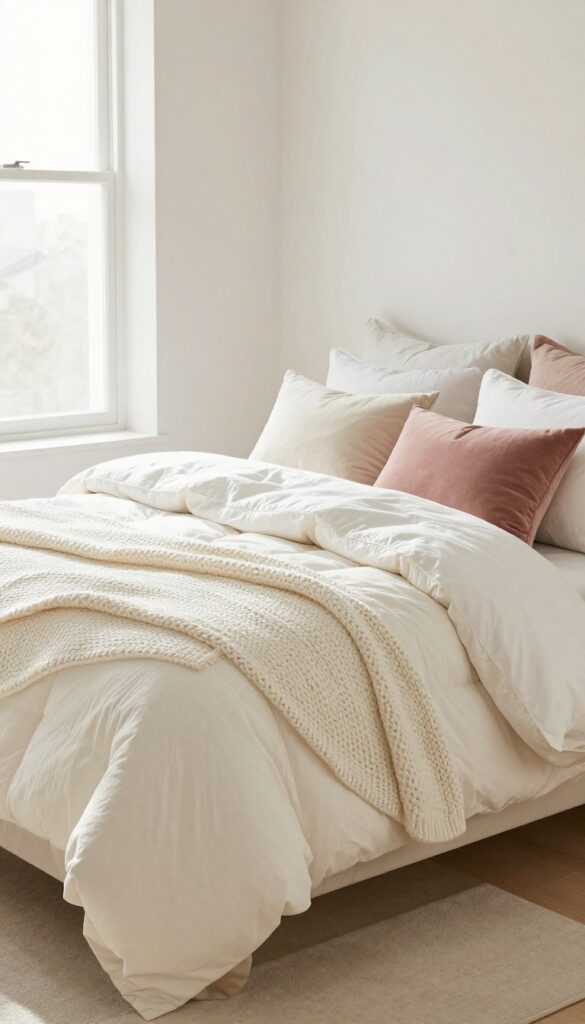 Layered bedding with white duvet, blush quilt, chunky knit throw, and pastel pillows in a small bedroom with natural light.