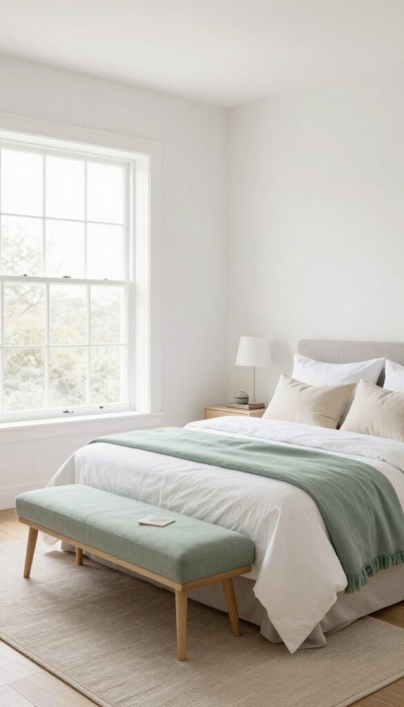 A cozy master bedroom featuring a sage green bench at the foot of the bed, layered with pillows and a throw, in a bright, calming setting.