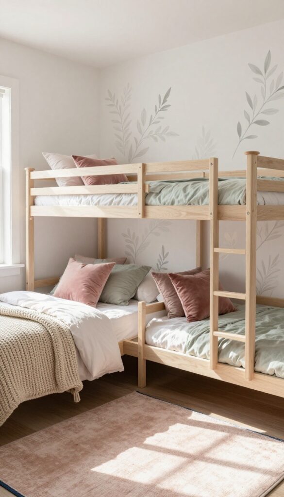 A bright bedroom with two neutral wood bunk beds, soft dusty rose and sage green bedding, a nature-themed wall decal, and a blush and navy rug, exuding a subtle, sophisticated theme.