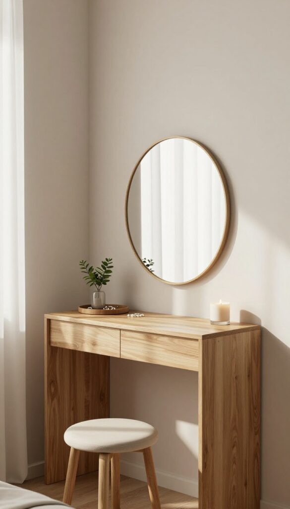 A small bedroom corner with a floating shelf vanity, arched mirror, jewelry tray, plant, and candle, bathed in natural light.