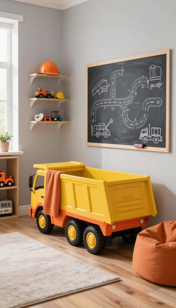 Cozy kids bedroom with construction theme featuring dump-truck bed in yellow and orange, chalkboard wall, and toy trucks on open shelving.