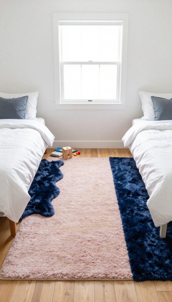 Shared bedroom with layered rugs, neutral jute base, pink shag on one side, navy faux-fur on the other, twin beds, natural light.