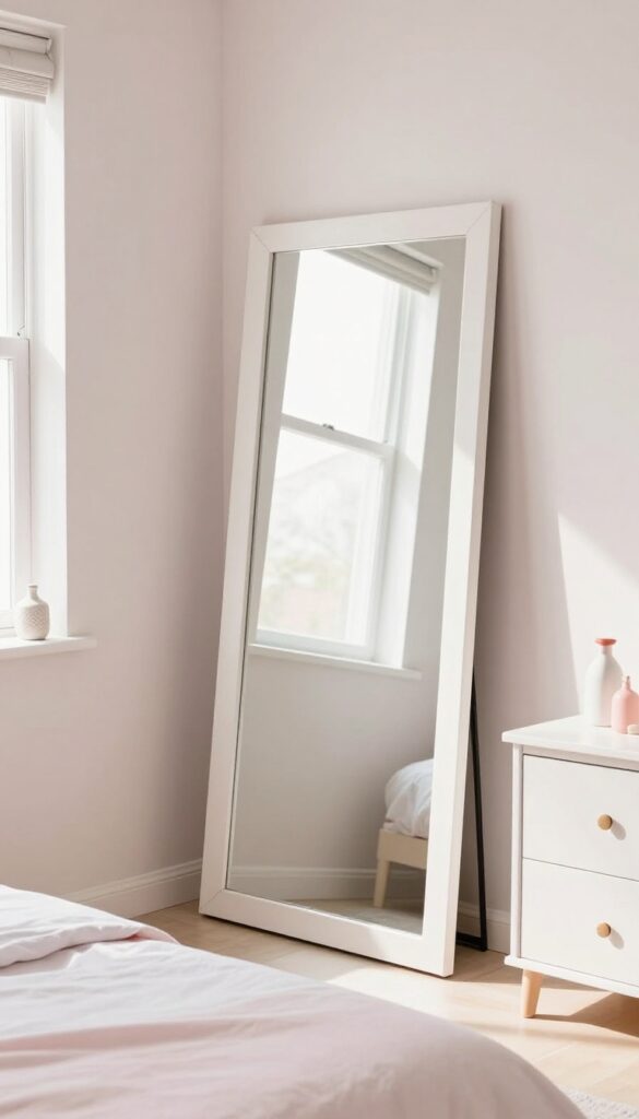 A large mirror leaning against a wall in a teen bedroom, reflecting light and making the room feel larger.